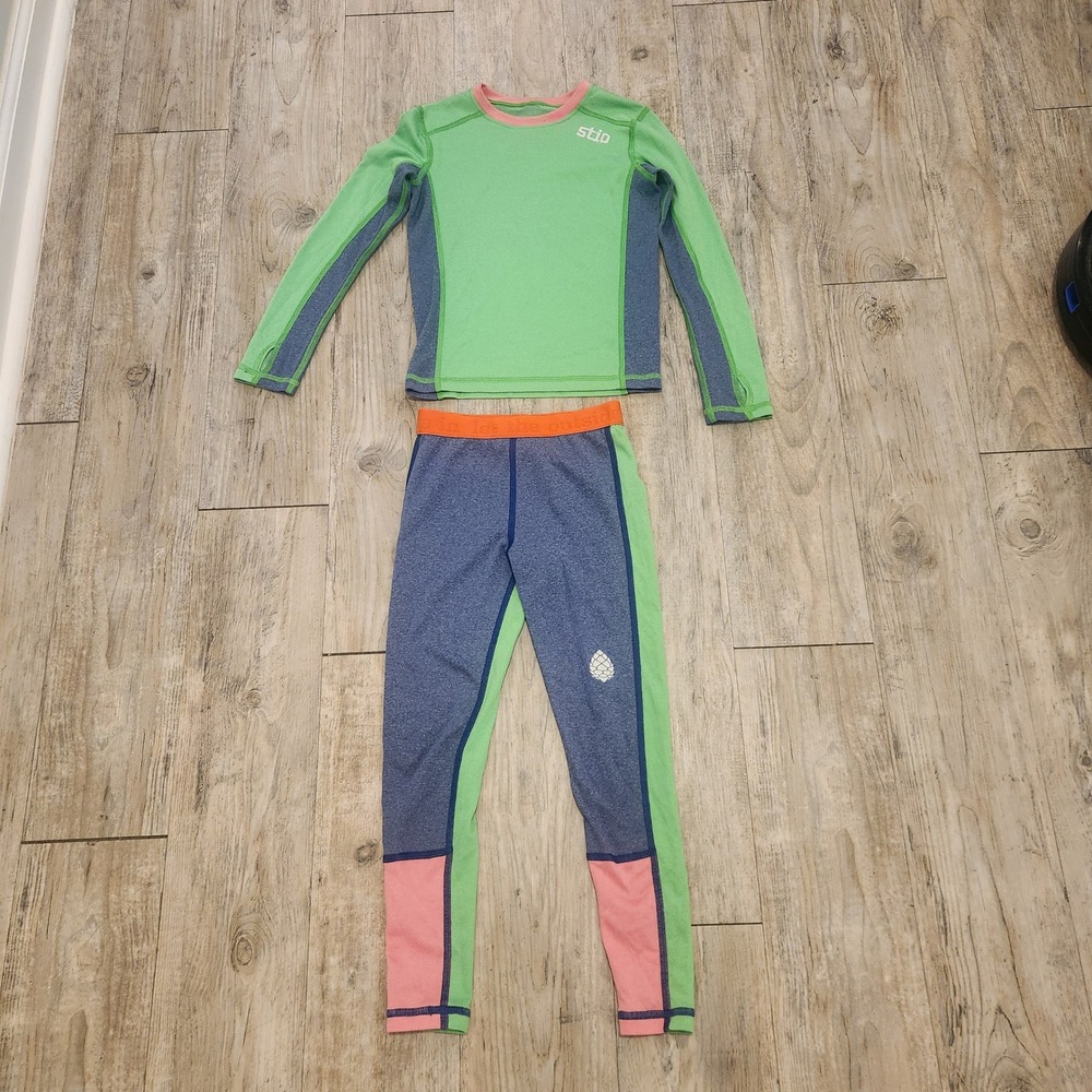 Stio Kids Base Layer Set Green Blue Pink Thermal Top and Leggings Set